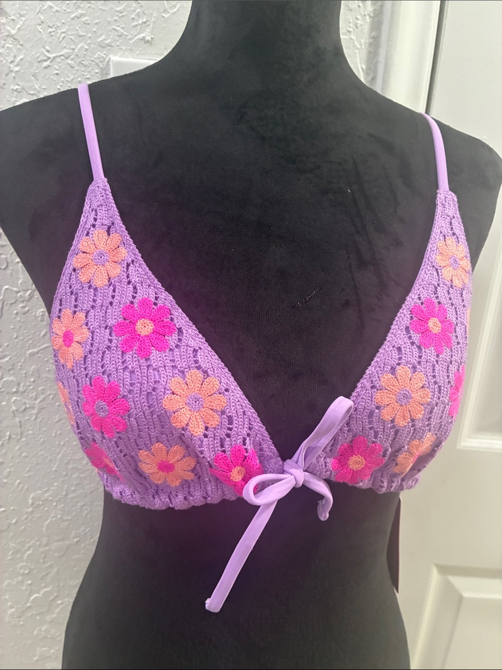 Ninety-Nine  Lavender Crochet Floral Tie-Front Swim Top